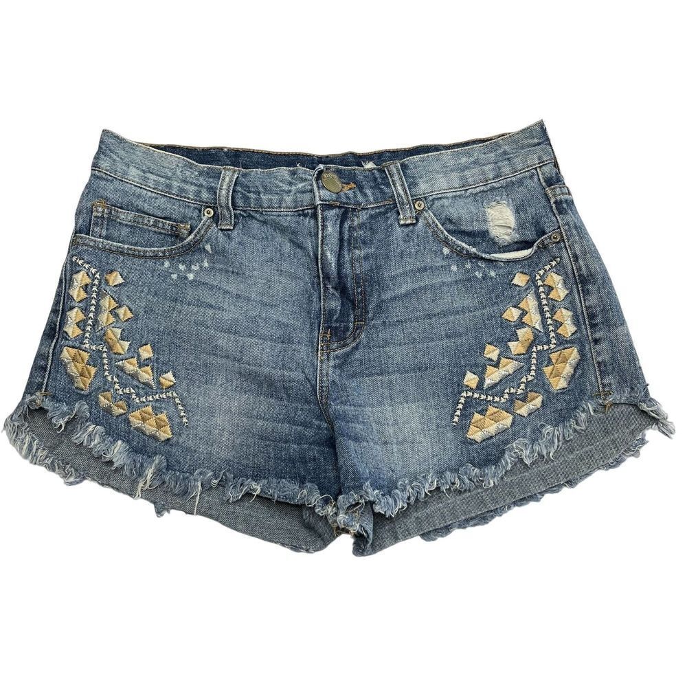 Free‎ People Telum Embroidered Blue Denim Cutoff Shorts Size 27